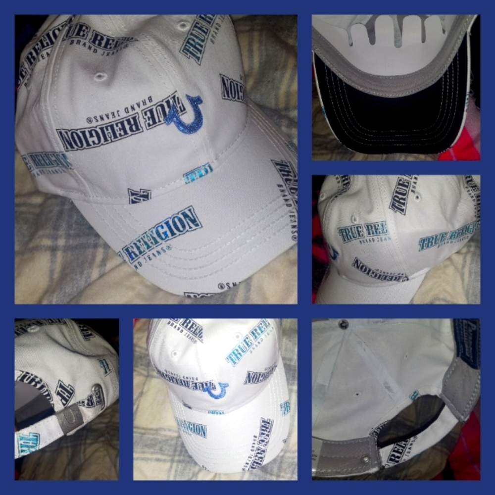 NWOT True Religion Hat White and Blue Shiny Logo Pattern Print